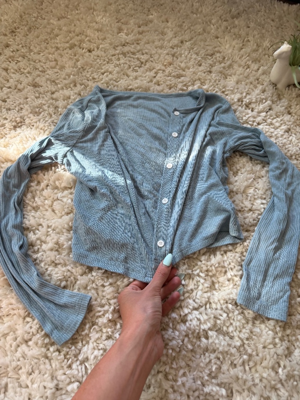 Cropped cute button belly shirt Ribbed Button-Front Cardigan in Light Blue  ribb